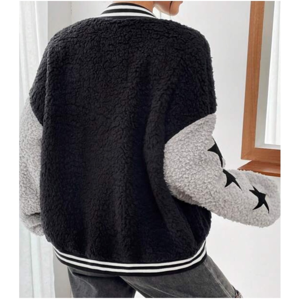 Cozy Sherpa Teddy Star Print Sleeves Oversized Bomber Jacket - Picture 4 of 4